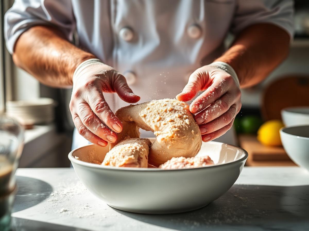 Chicken being hand-breaded in our kitchen